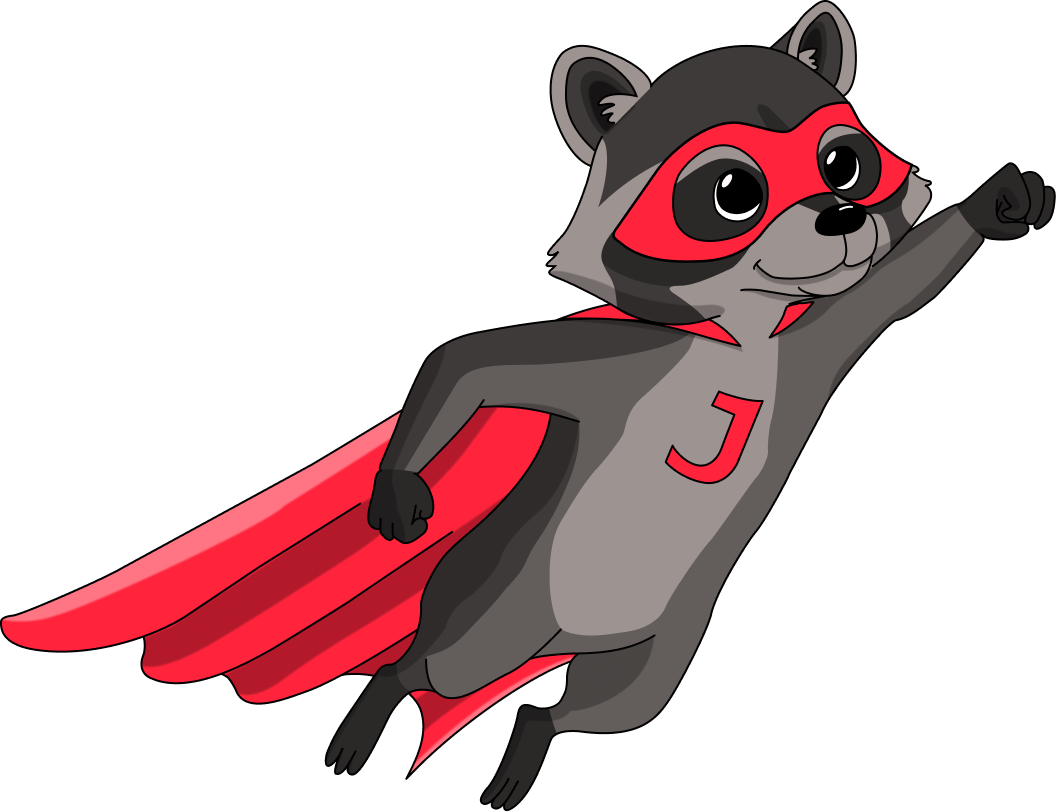 JoJo, ein freundlicher Waschbär mit roter Maske und Superhelden-Cape, fliegt dir entgegen.